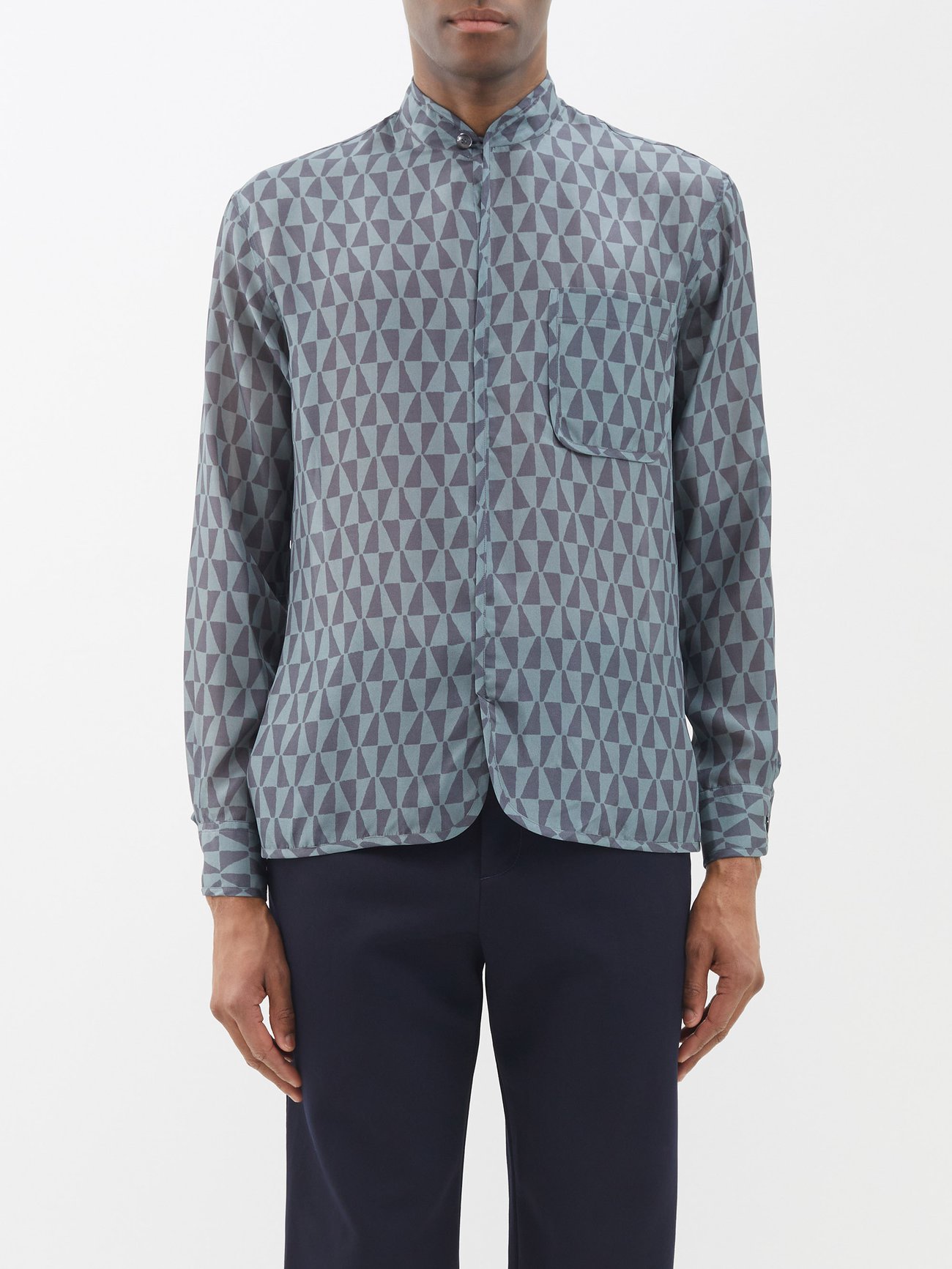 Stand-collar block-print silk shirt video