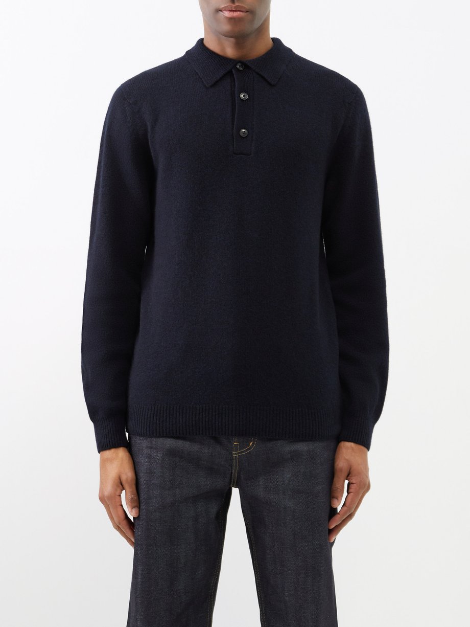 Navy Quarter-button wool polo shirt | Sunspel | MATCHESFASHION US