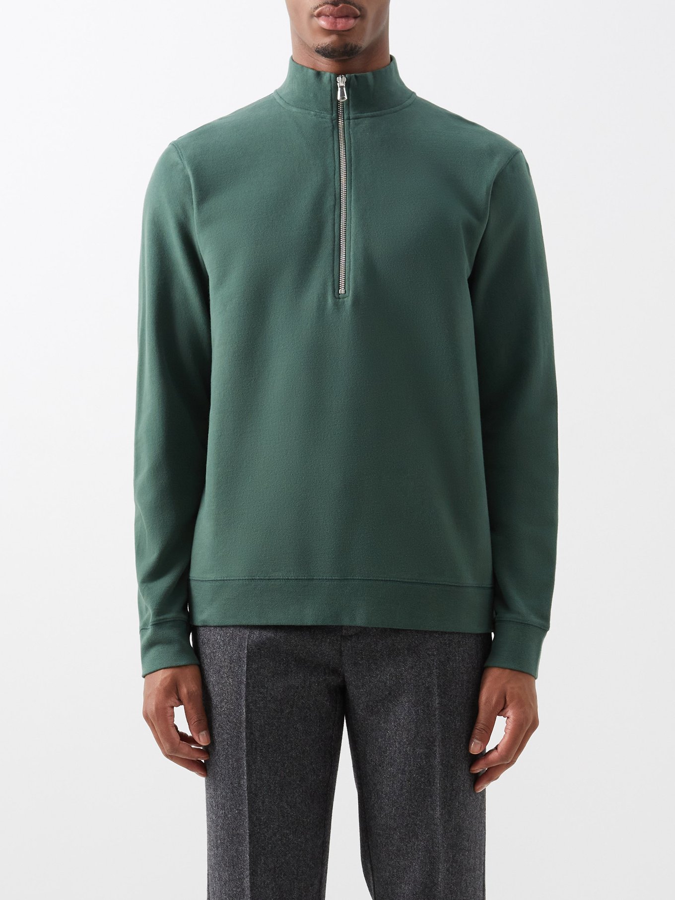 Green Zip-neck cotton-jersey sweatshirt | Sunspel