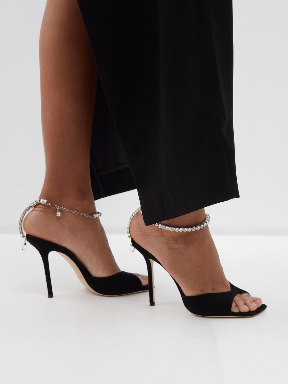 Black Saeda 100 crystal-strap suede sandals | Jimmy Choo