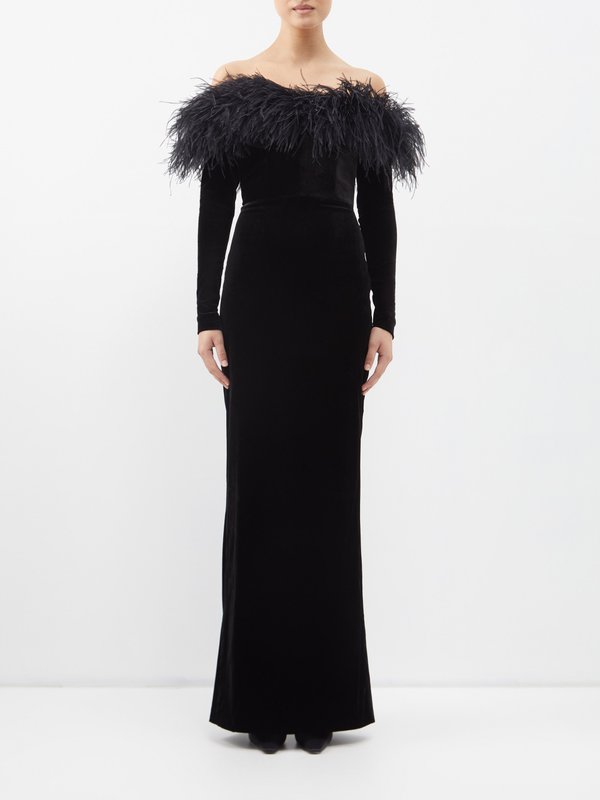 Alessandra Rich Off-the-shoulder feather-trim velvet gown