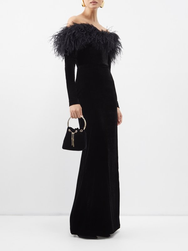 Alessandra Rich Off-the-shoulder feather-trim velvet gown
