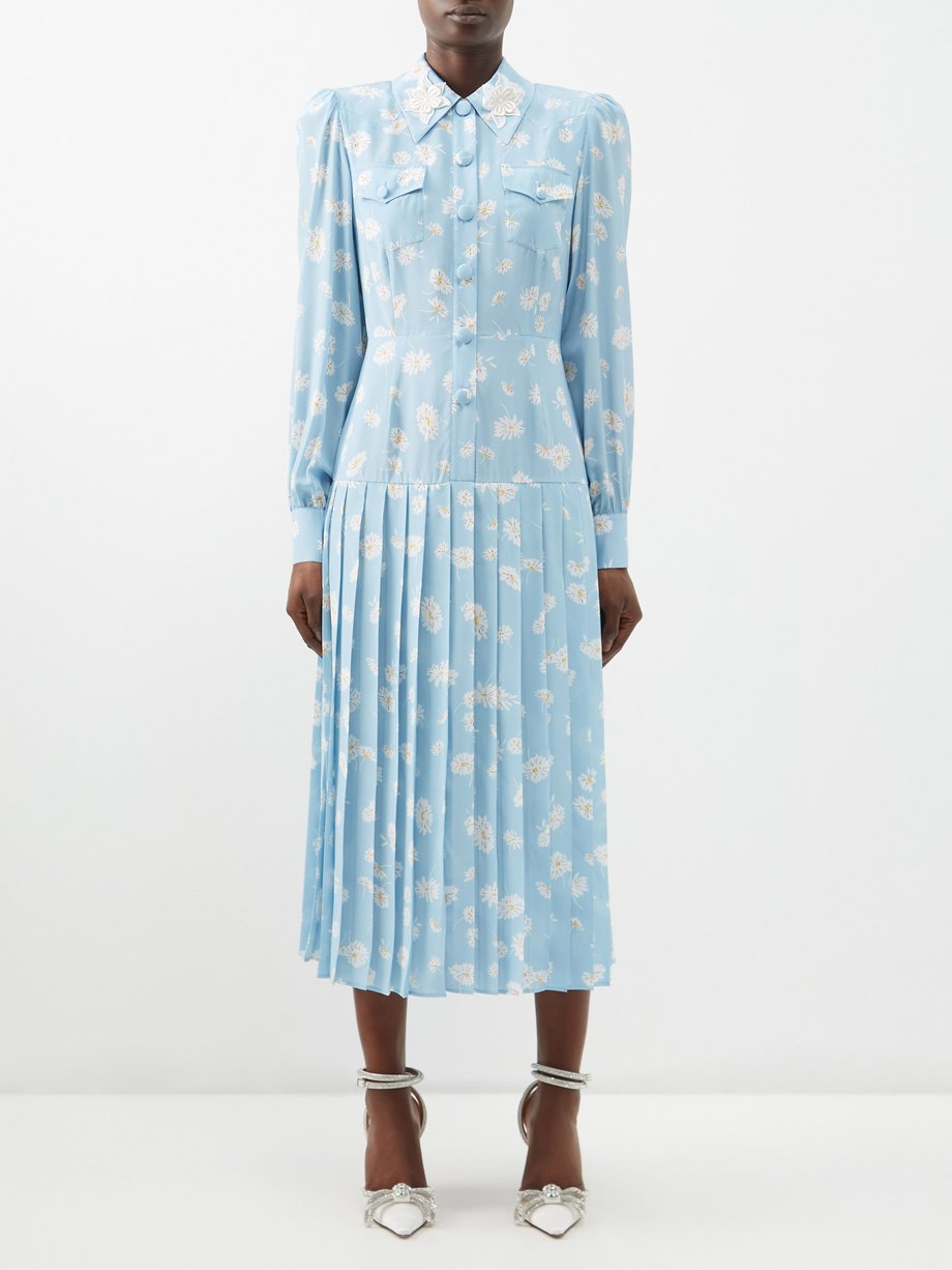 Daisy-print pleated silk-twill shirt dress