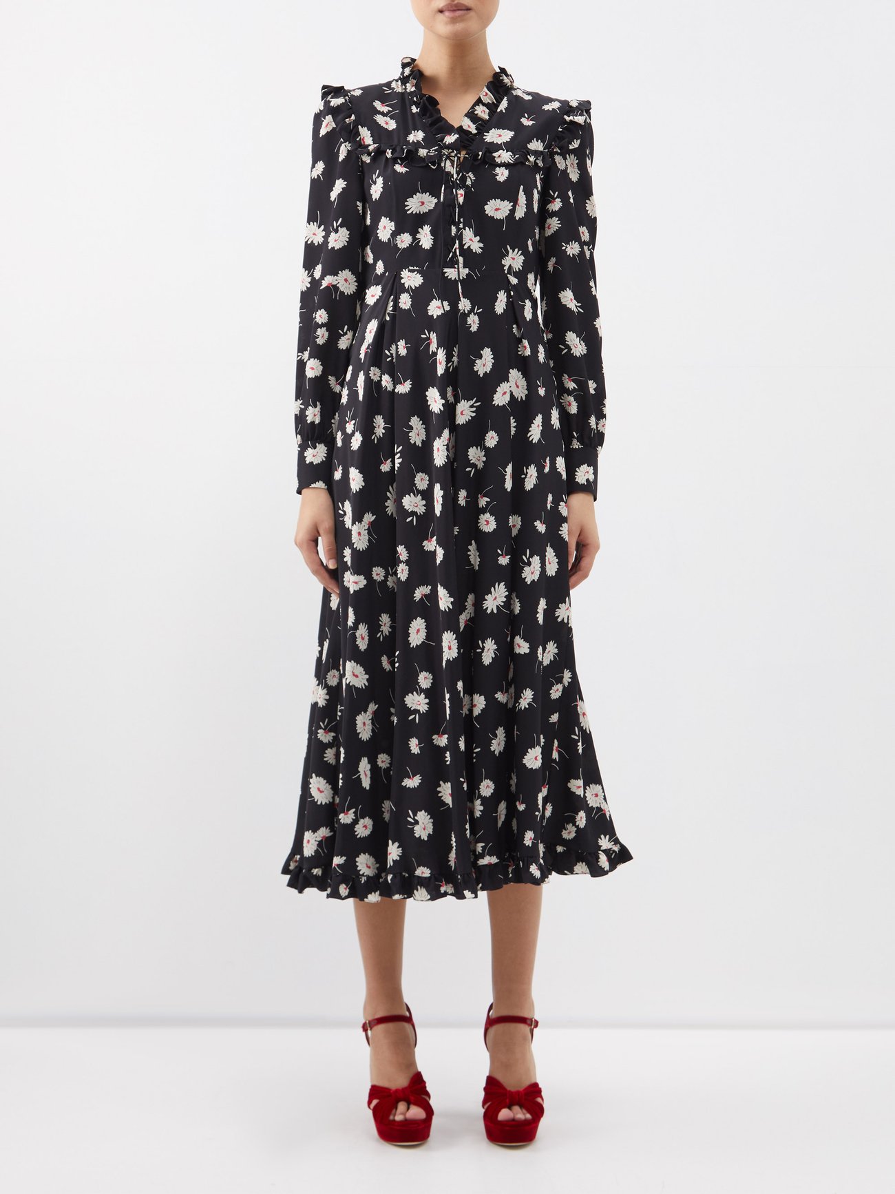 Black Daisy-print silk midi dress | Alessandra Rich | MATCHES UK