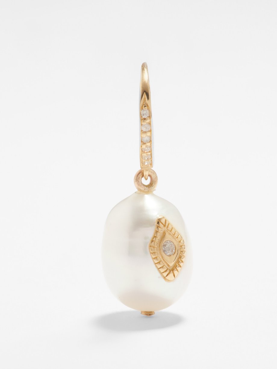 Gold Charlie evil eye, diamond & pearl single earring | Pascale ...