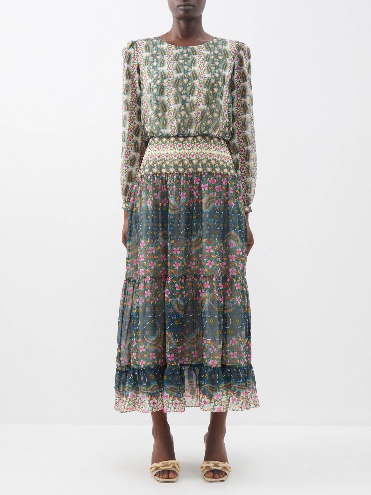Green Isabel floral-print silk midi dress | Saloni | MATCHES UK