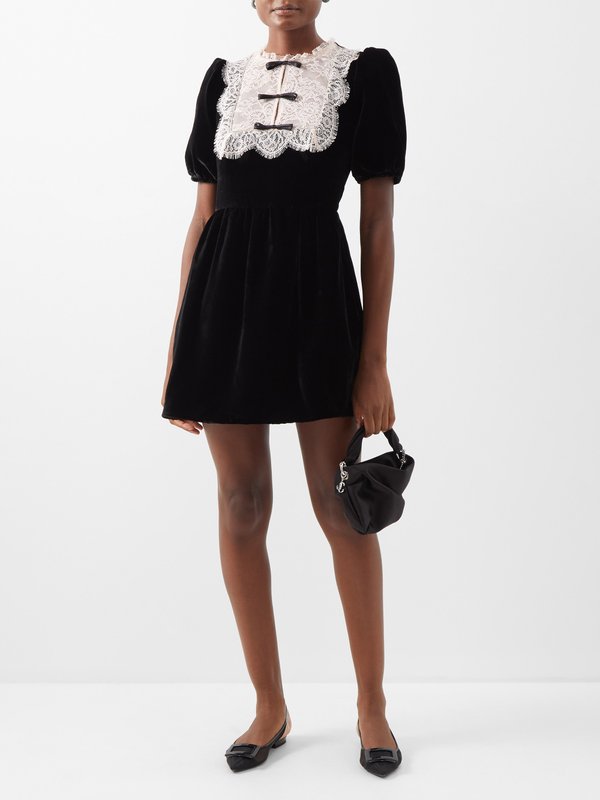 Saloni Cherie lace-trim velvet mini dress