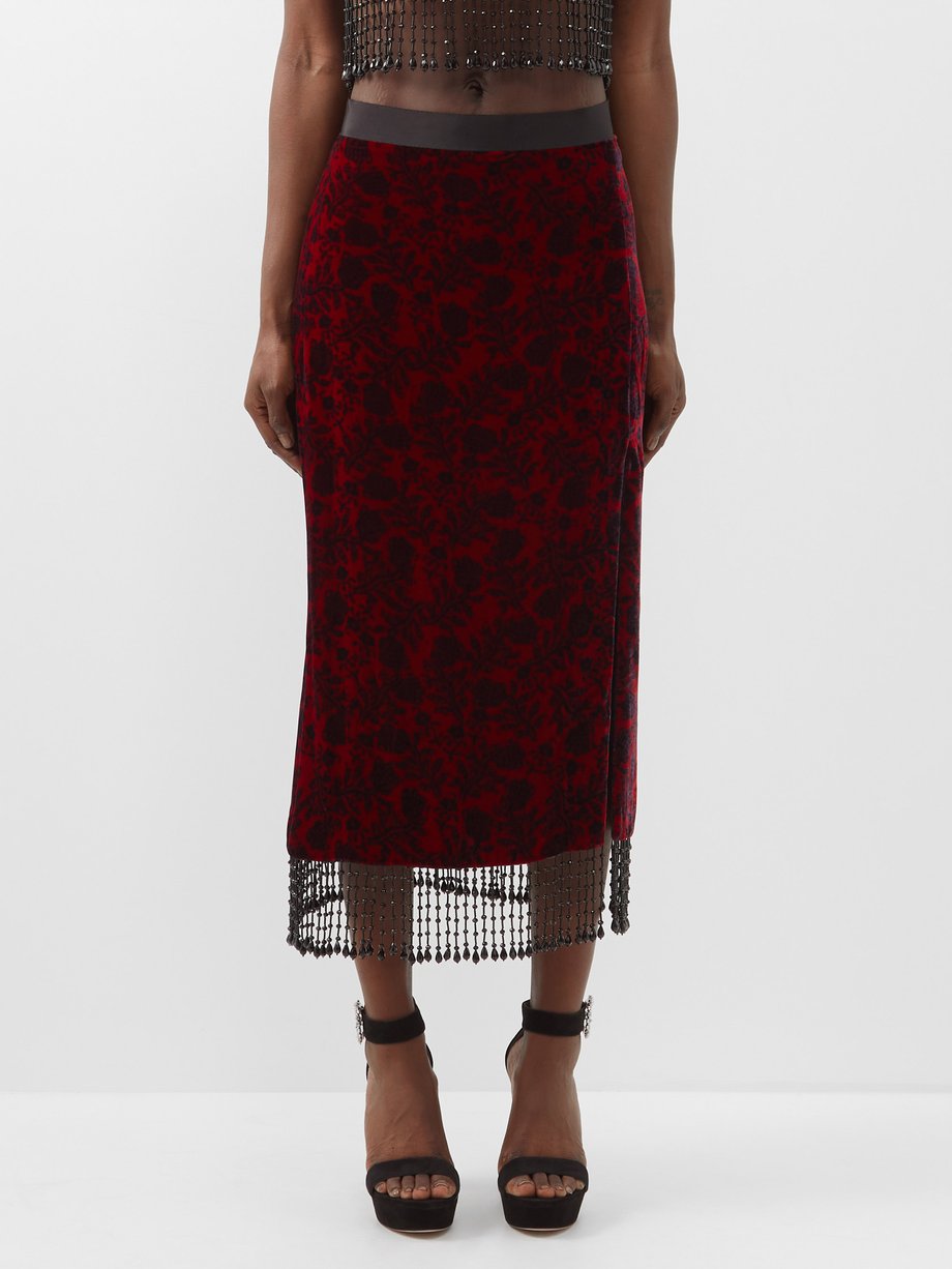Saloni Kirsten D floral-print beaded velvet midi skirt