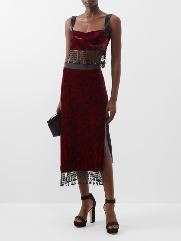 Saloni Kirsten D floral-print beaded velvet midi skirt