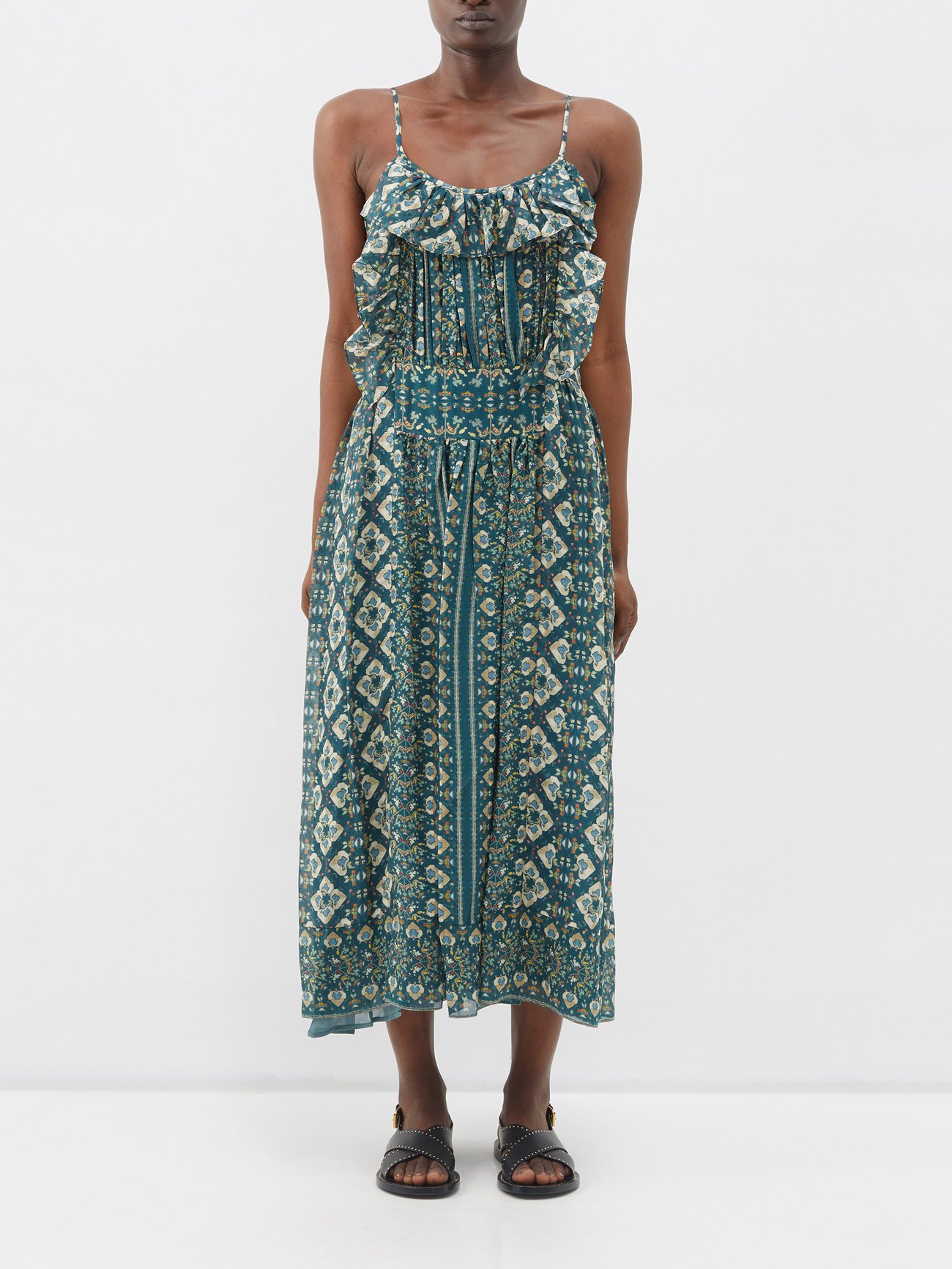 Green geometric-print ruffled silk midi dress | Isabel Marant | US
