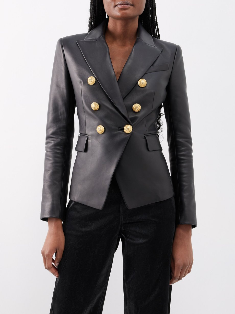 Black Double-breasted leather jacket | Balmain | MATCHES UK
