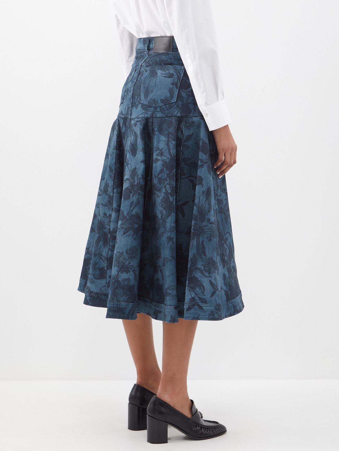 Lacey floral-print denim fluted midi skirt