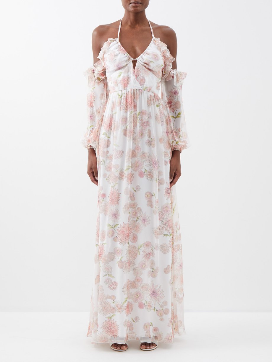Pink Dahlia-print off-the-shoulder silk-georgette gown | Giambattista ...