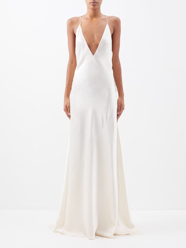 White Plunge-neck silk-satin gown | Saint Laurent | MATCHES UK