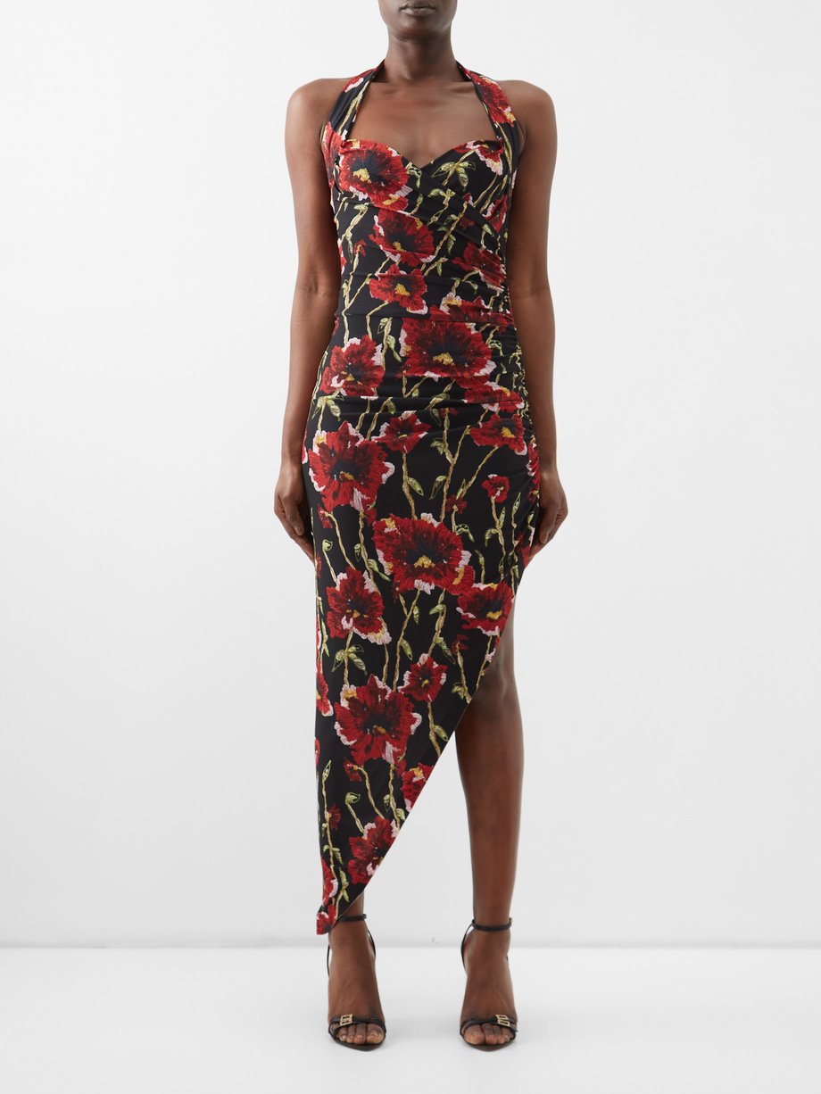 Black Cayla poppy-print halterneck jersey dress | Norma Kamali ...