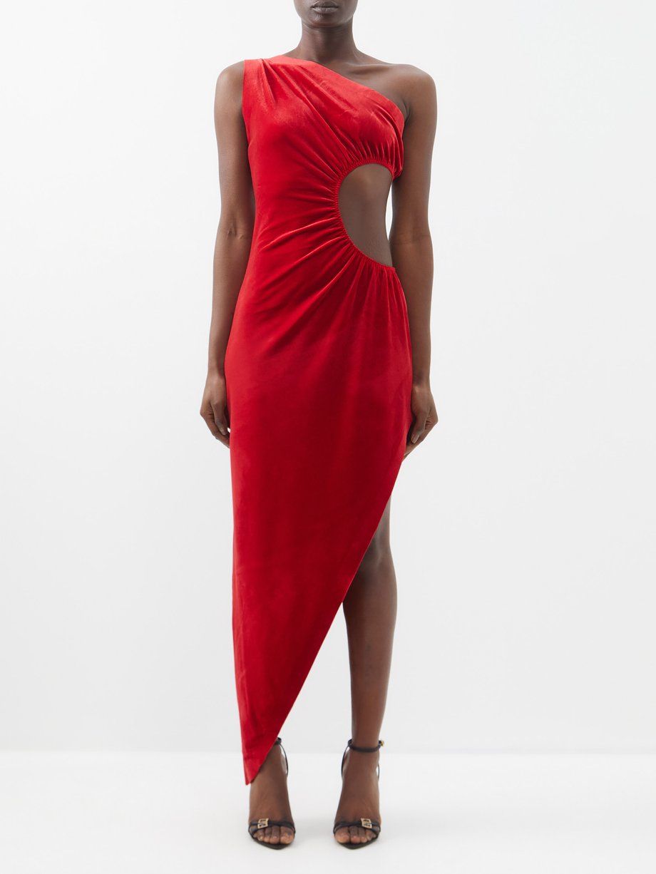 Red Sunburst One Shoulder Cutout Velvet Dress Norma Kamali Matchesfashion Uk