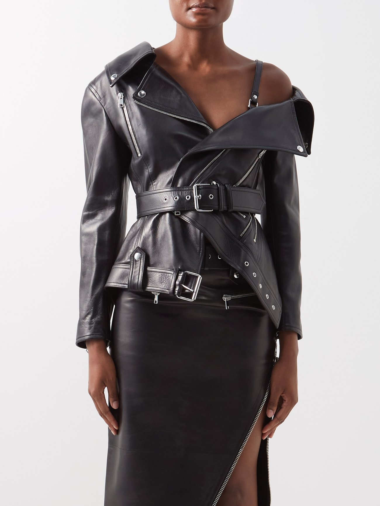 Black Asymmetric leather jacket | Alexander McQueen | MATCHESFASHION US