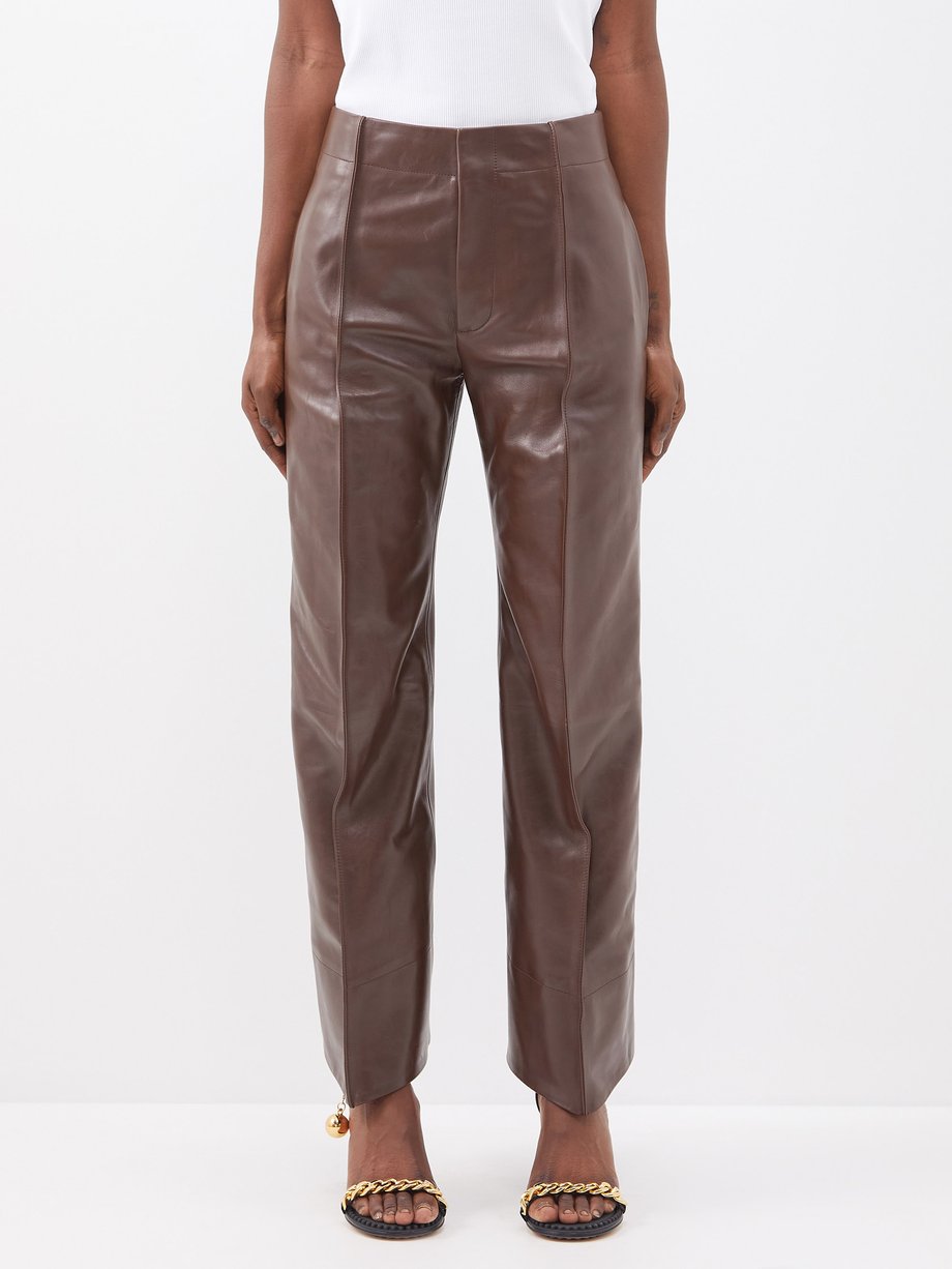 Brown Pintucked-seam leather trousers | Bottega Veneta | MATCHESFASHION UK