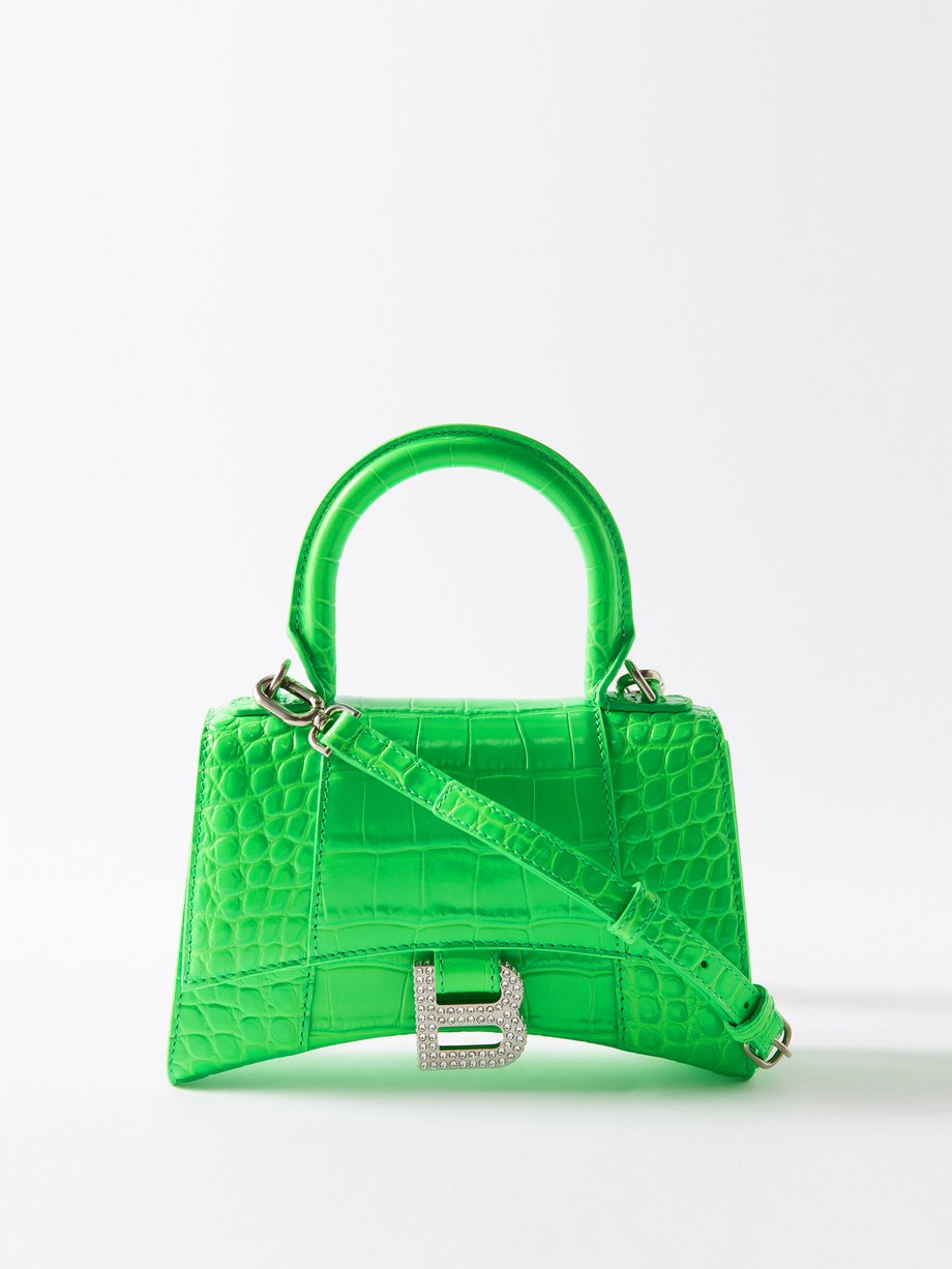 Balenciaga Bright Green Croc Embossed Leather Hourglass Crystal Xs Top Handle Bag