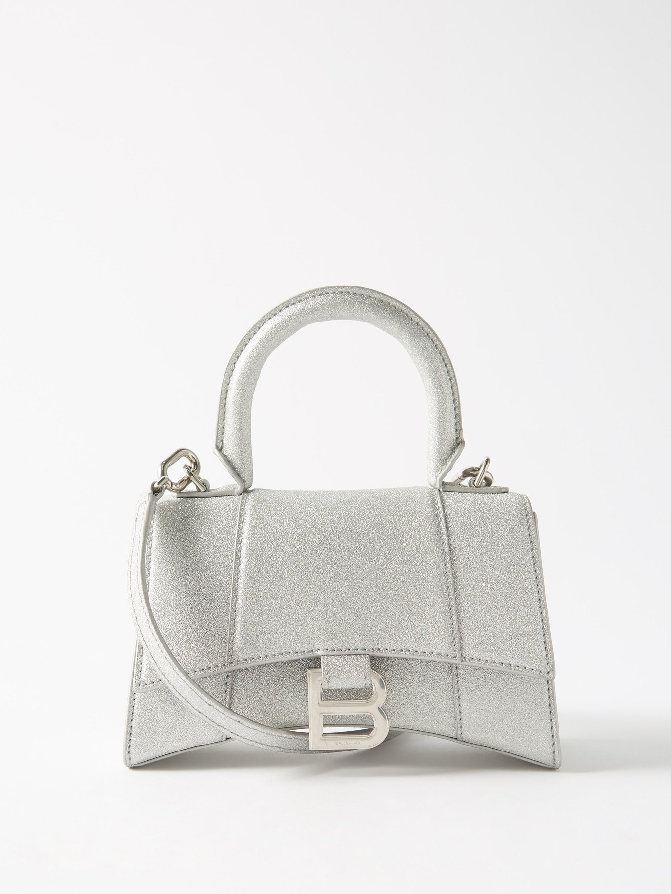 BALENCIAGA: Hourglass XS bag in crocodile print laminated leather - Silver
