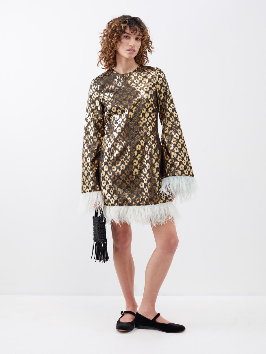 Gold Twiggy feather-trim leopard-brocade mini dress, La DoubleJ