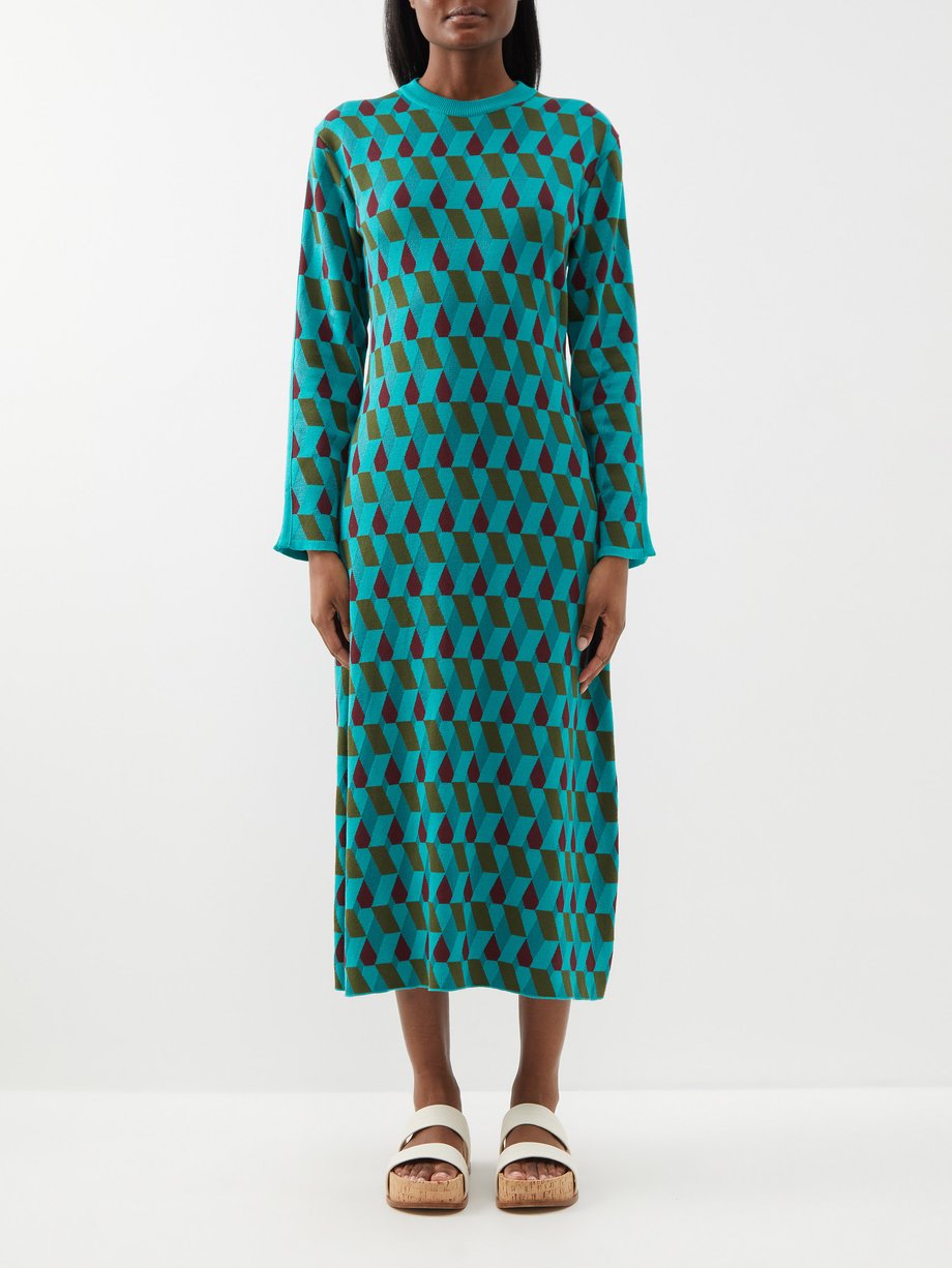 Blue Diamond-jacquard knit cotton-blend dress, La DoubleJ