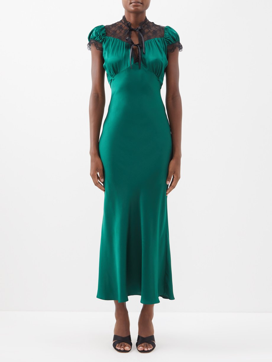 Green Puff-sleeve lace-yoke silk-satin dress | Rodarte | MATCHESFASHION US