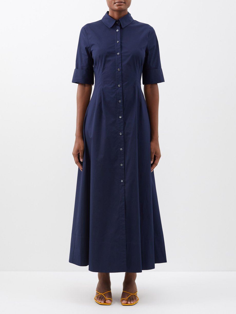 Navy Joan cotton-blend maxi shirt dress | Staud | MATCHES UK