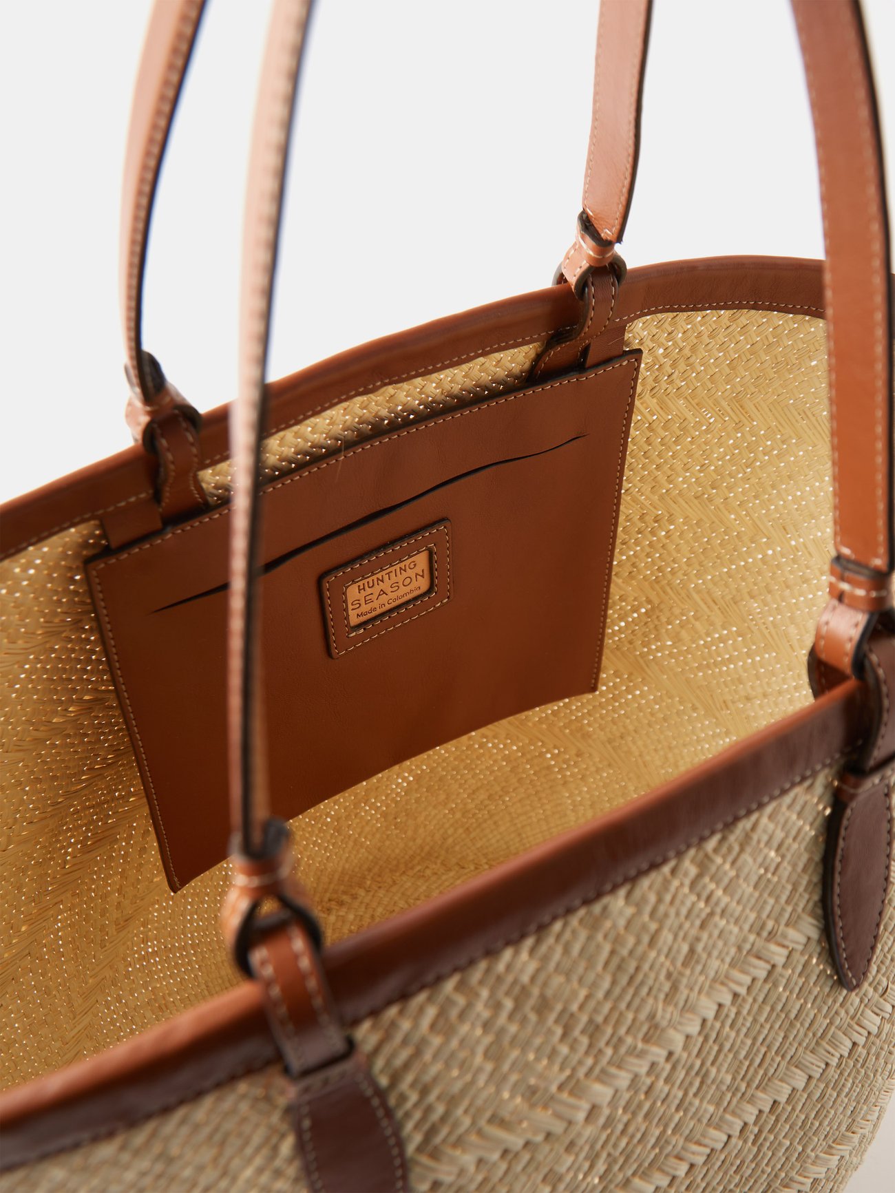 Hunting Season Iraca Medium Leather-trimmed Woven Raffia Tote in Natural