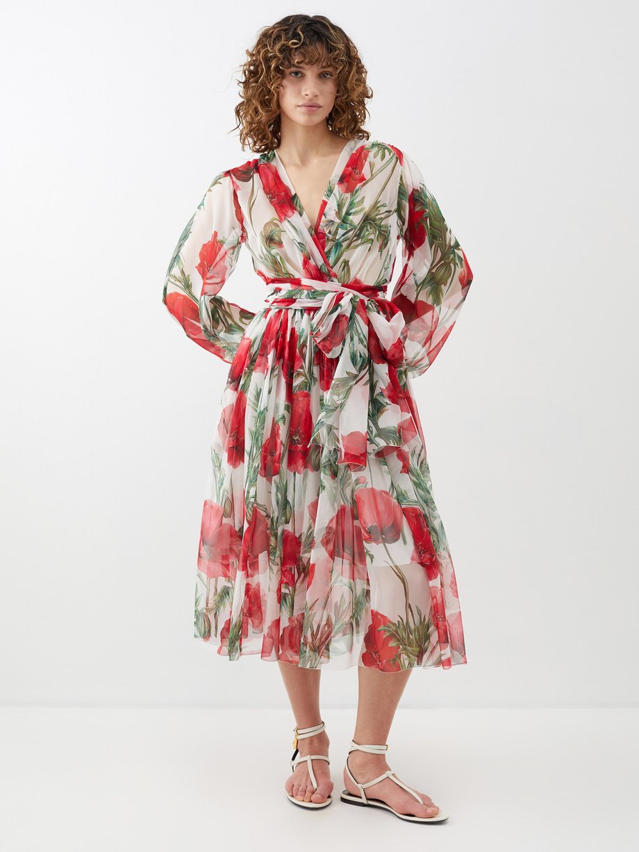 Red Happy Garden poppy-print silk-chiffon midi dress | Dolce Gabbana MATCHESFASHION US