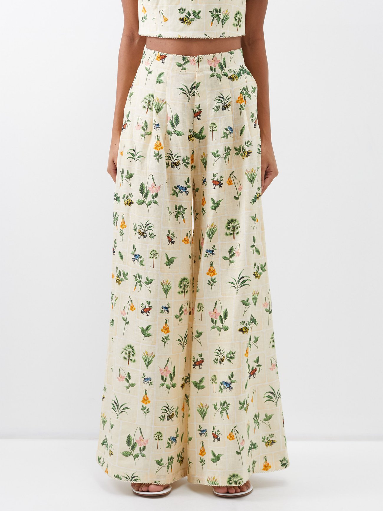 Neutral Pinon botanical-print linen wide-leg trousers | Agua by Agua