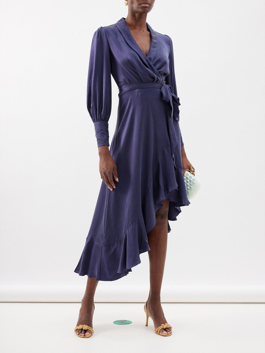 Navy Ruffled asymmetric silk-satin wrap dress | Zimmermann | MATCHES UK