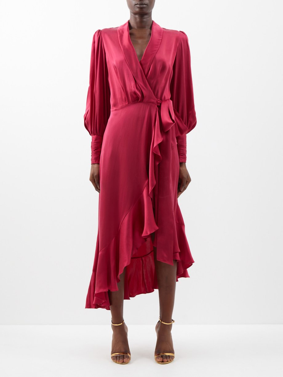 Red Ruffled asymmetric silk-satin wrap dress | Zimmermann | MATCHES UK