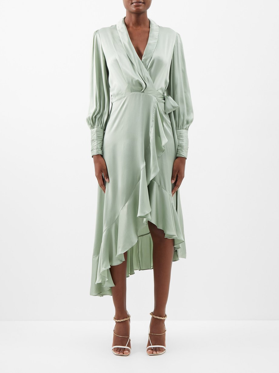 Green Ruffled asymmetric silk-satin wrap dress | Zimmermann ...