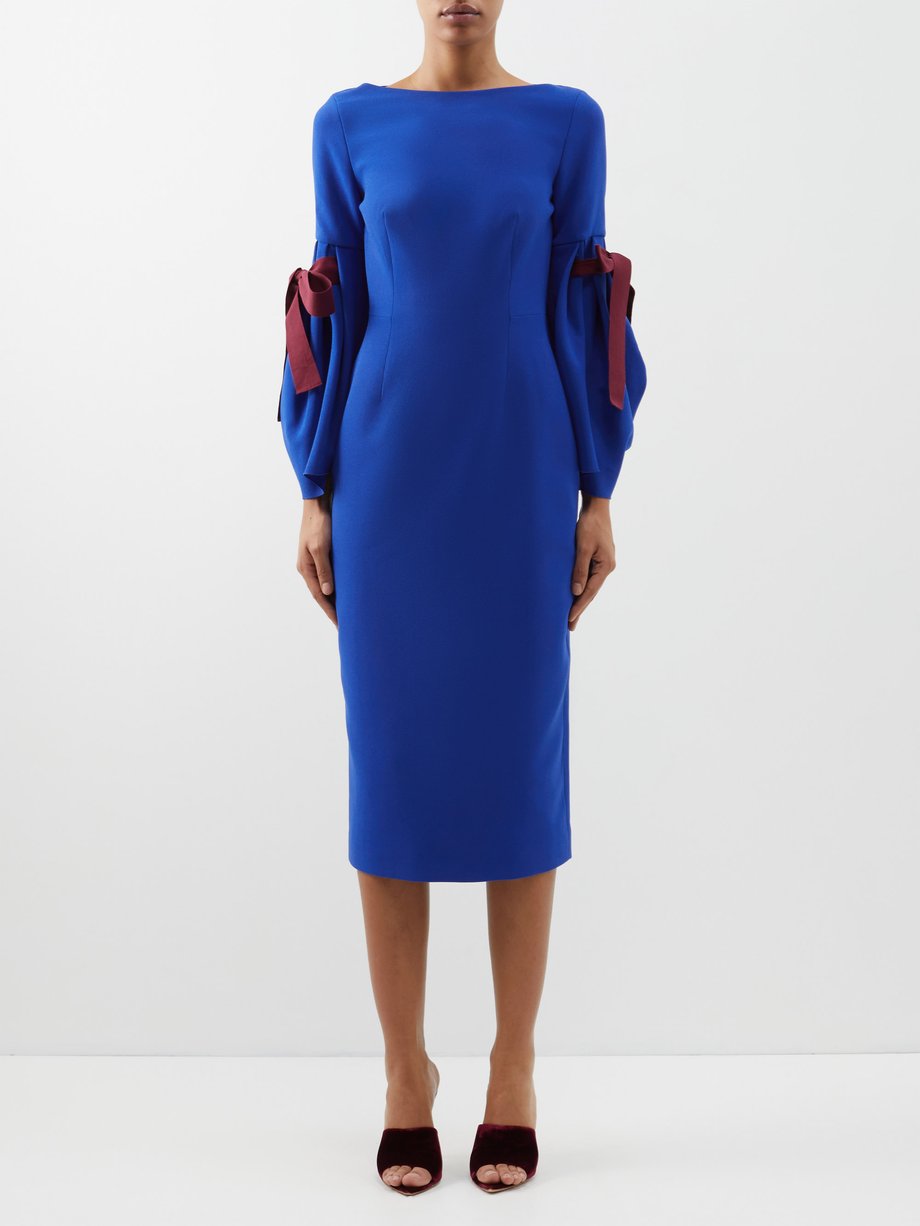 Blue Puff-sleeve pleated crepe dress, Roksanda