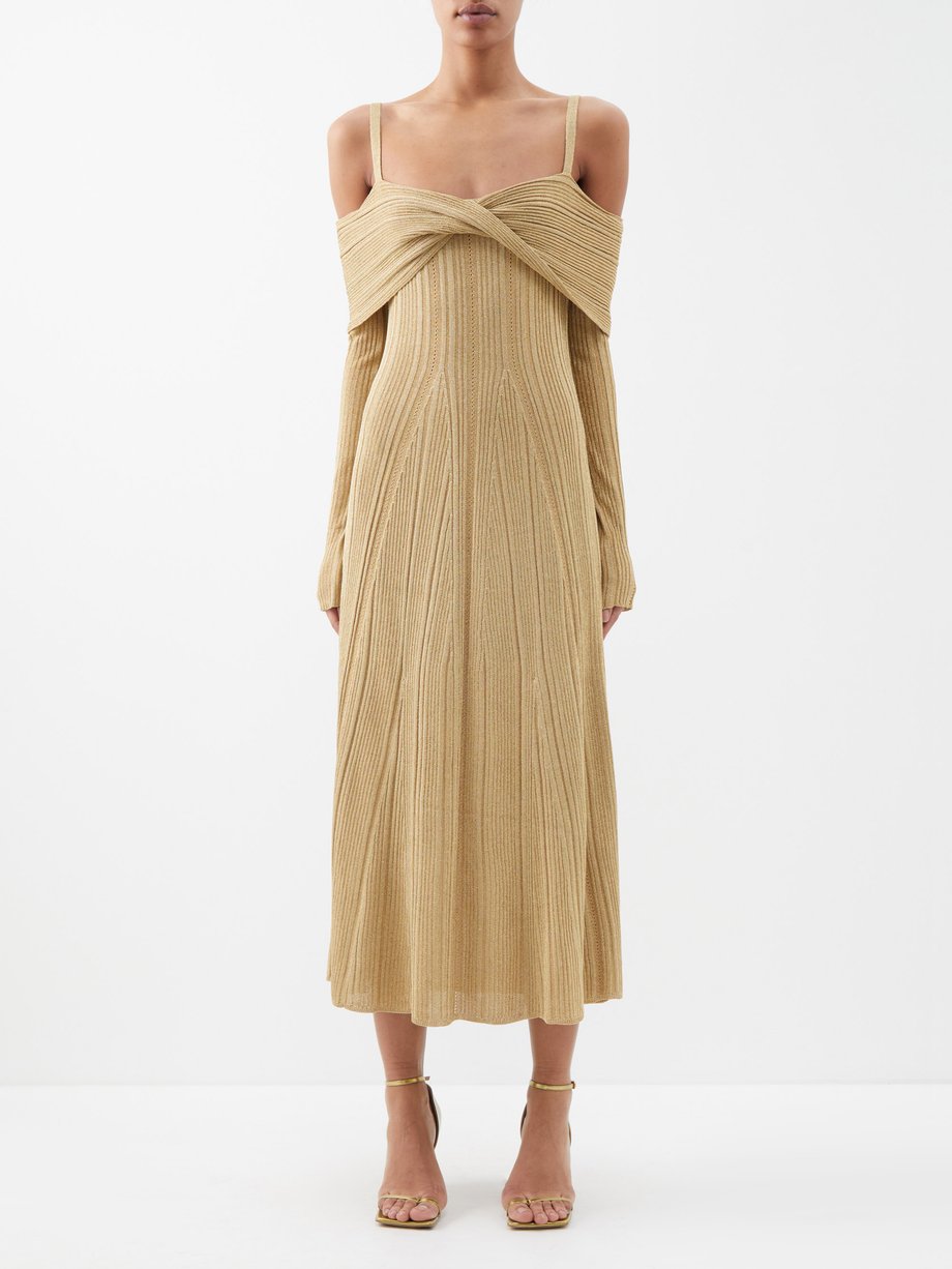 Gold Wrap-front off-the-shoulder ribbed-knit dress | Jason Wu ...