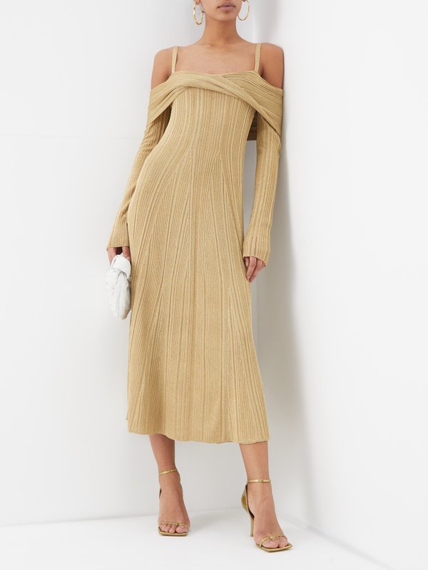 Gold Wrap-front off-the-shoulder ribbed-knit dress | Jason Wu 