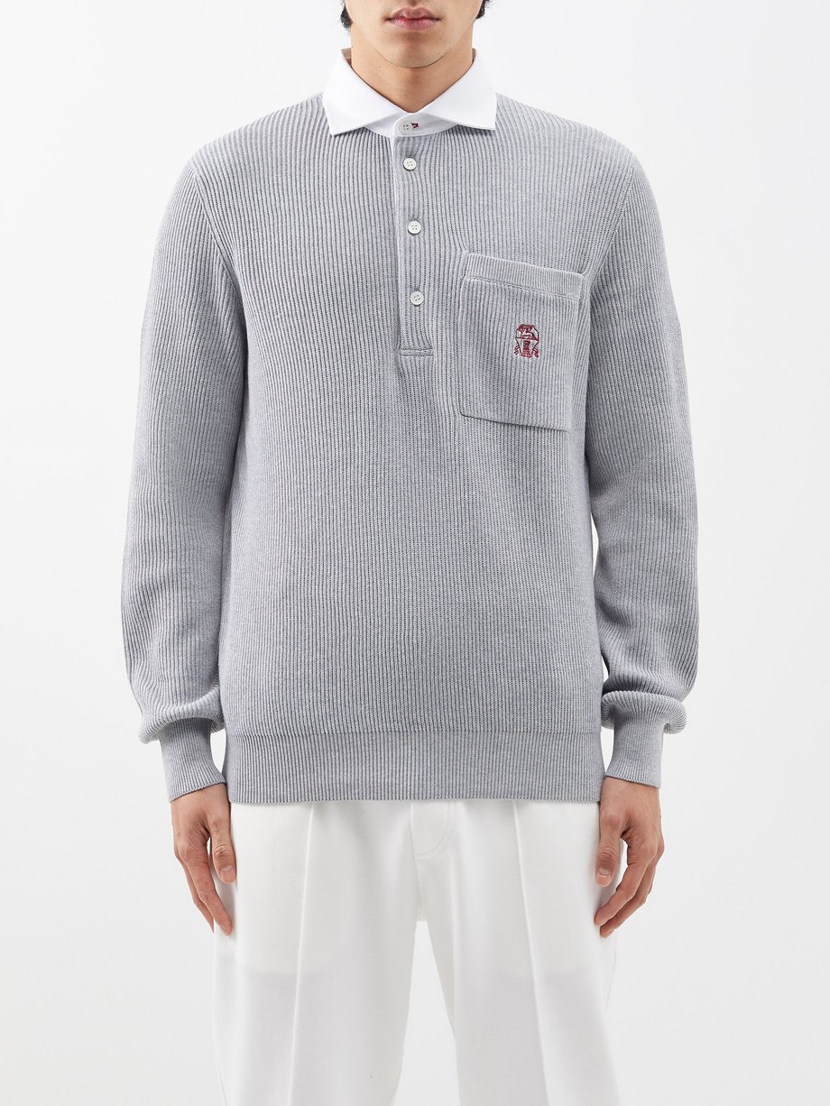 Grey Logo-embroidered ribbed-cotton polo shirt, Brunello Cucinelli
