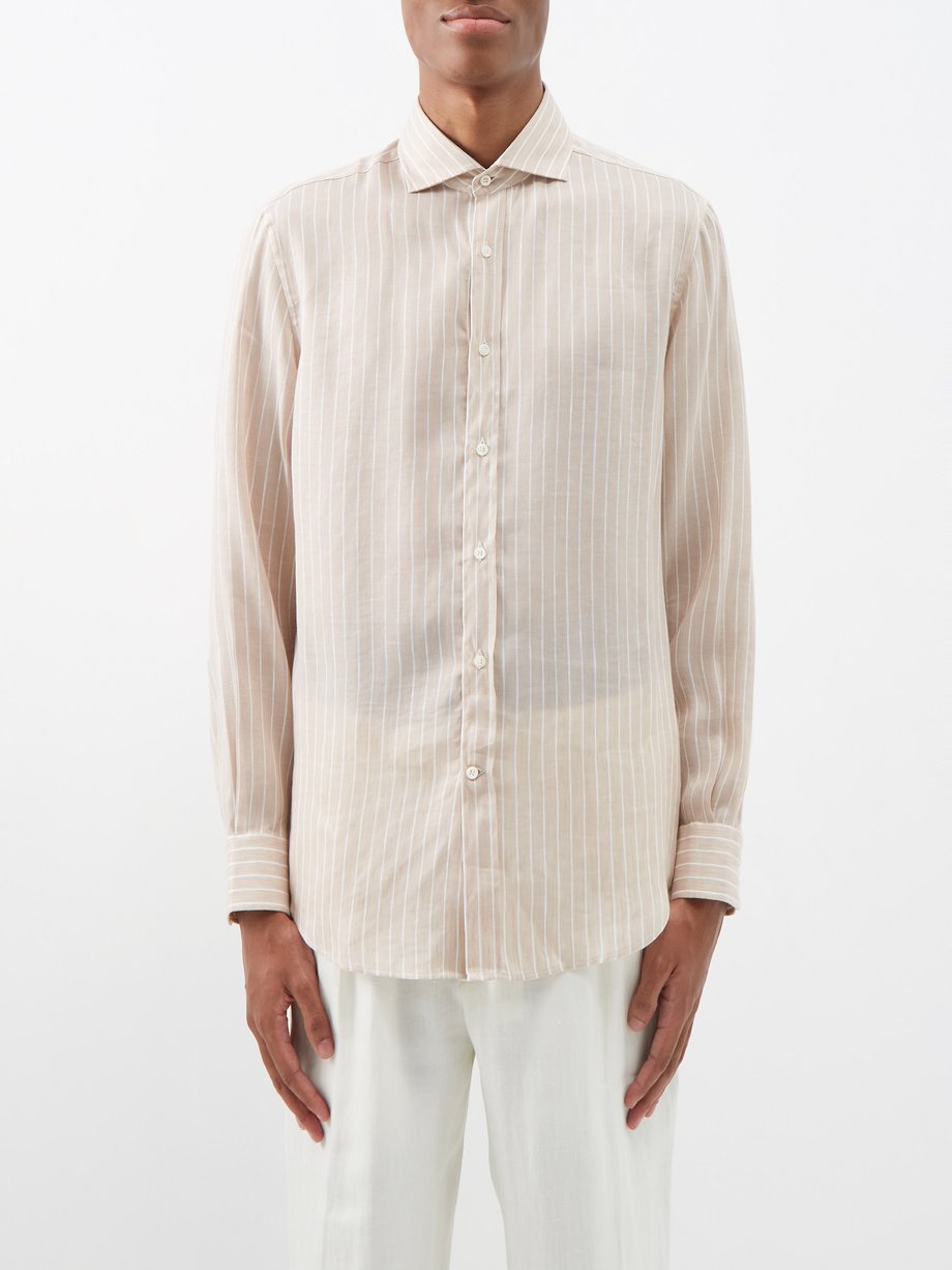Beige Striped linen-blend shirt | Brunello Cucinelli | MATCHES UK