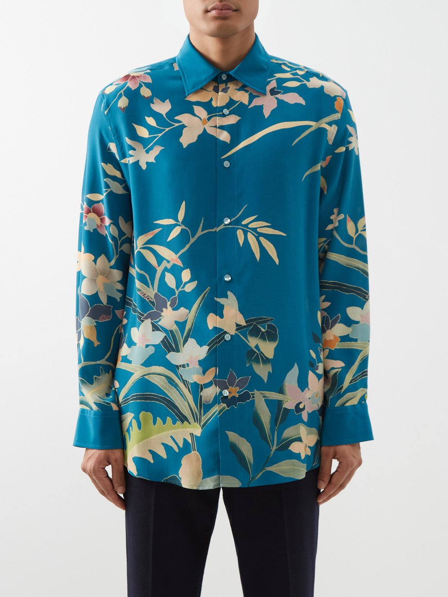 Blue Botanical-print silk-crepe shirt | Etro | MATCHESFASHION US