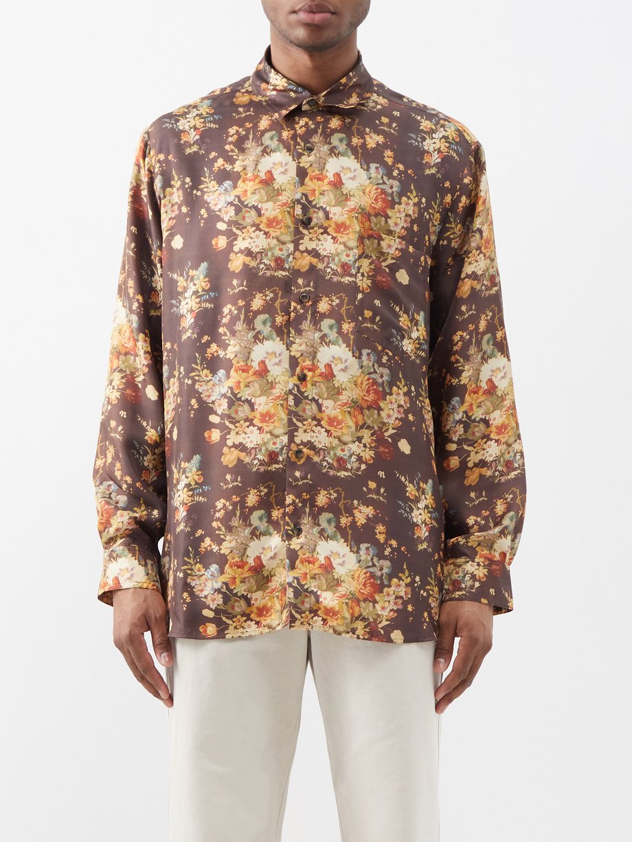 Brown Jari floral-print silk shirt | Nanushka | MATCHES UK