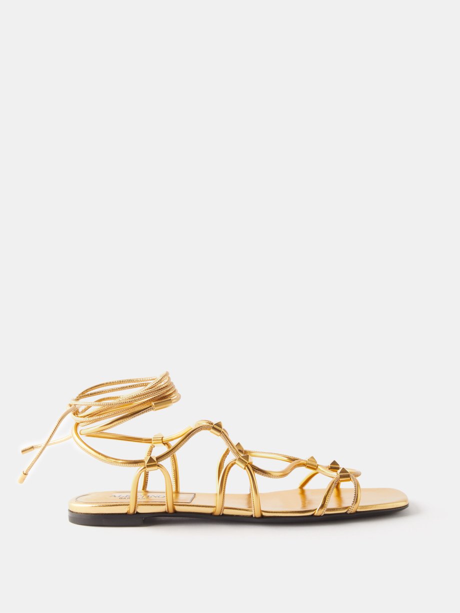 Gold Rockstud Net wraparound leather sandals | Garavani | MATCHESFASHION US