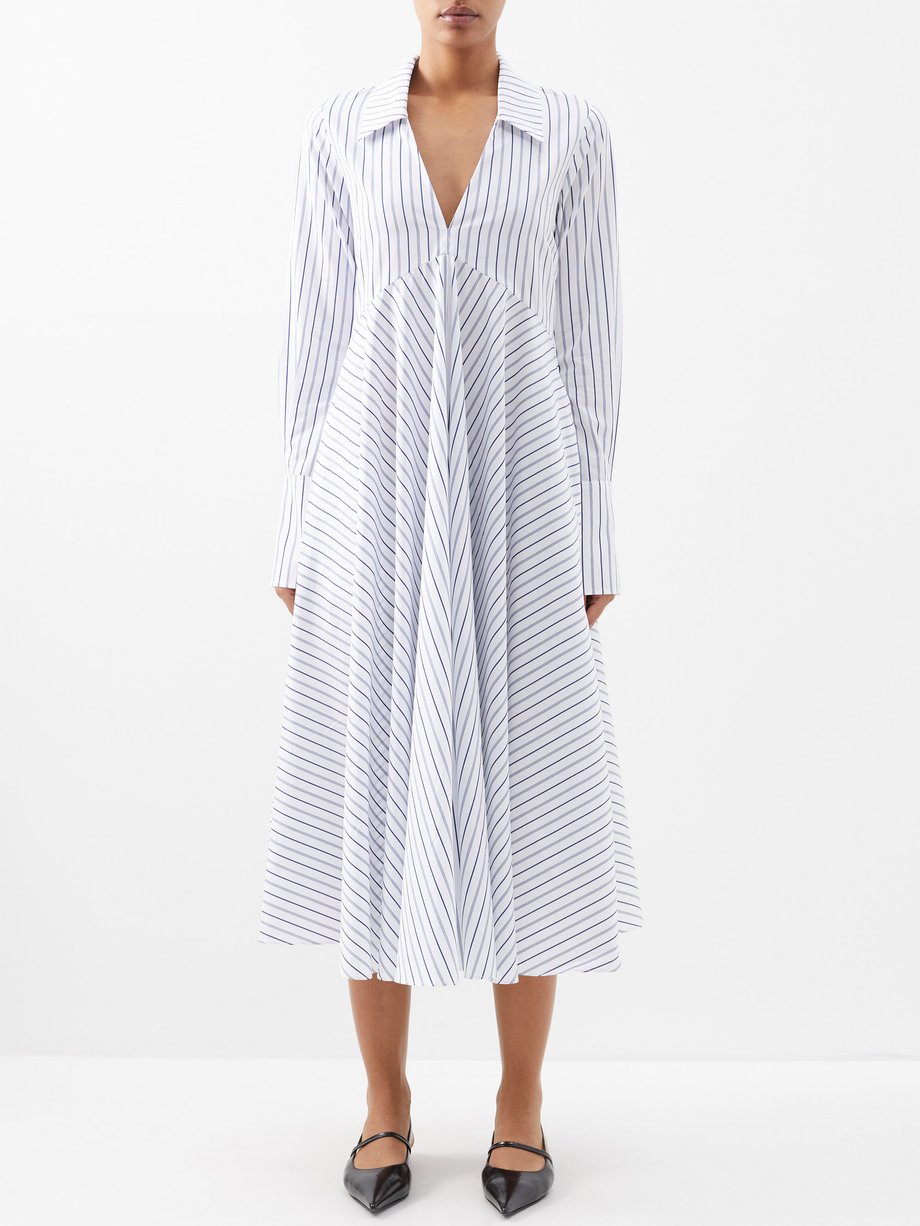 White Striped V-neck cotton midi shirt dress | CO | MATCHES UK