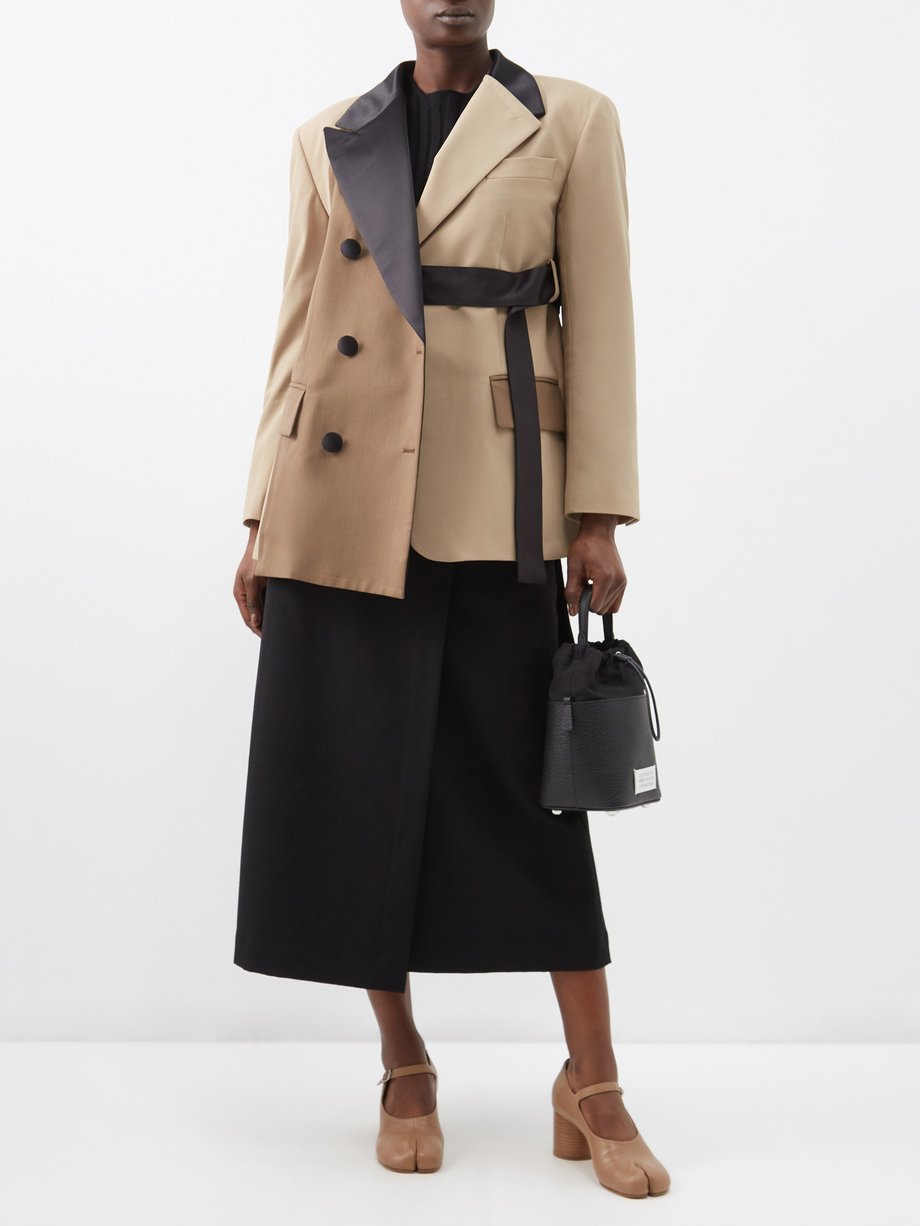Beige Colour-block belted wool-blend coat | Sacai | MATCHES UK