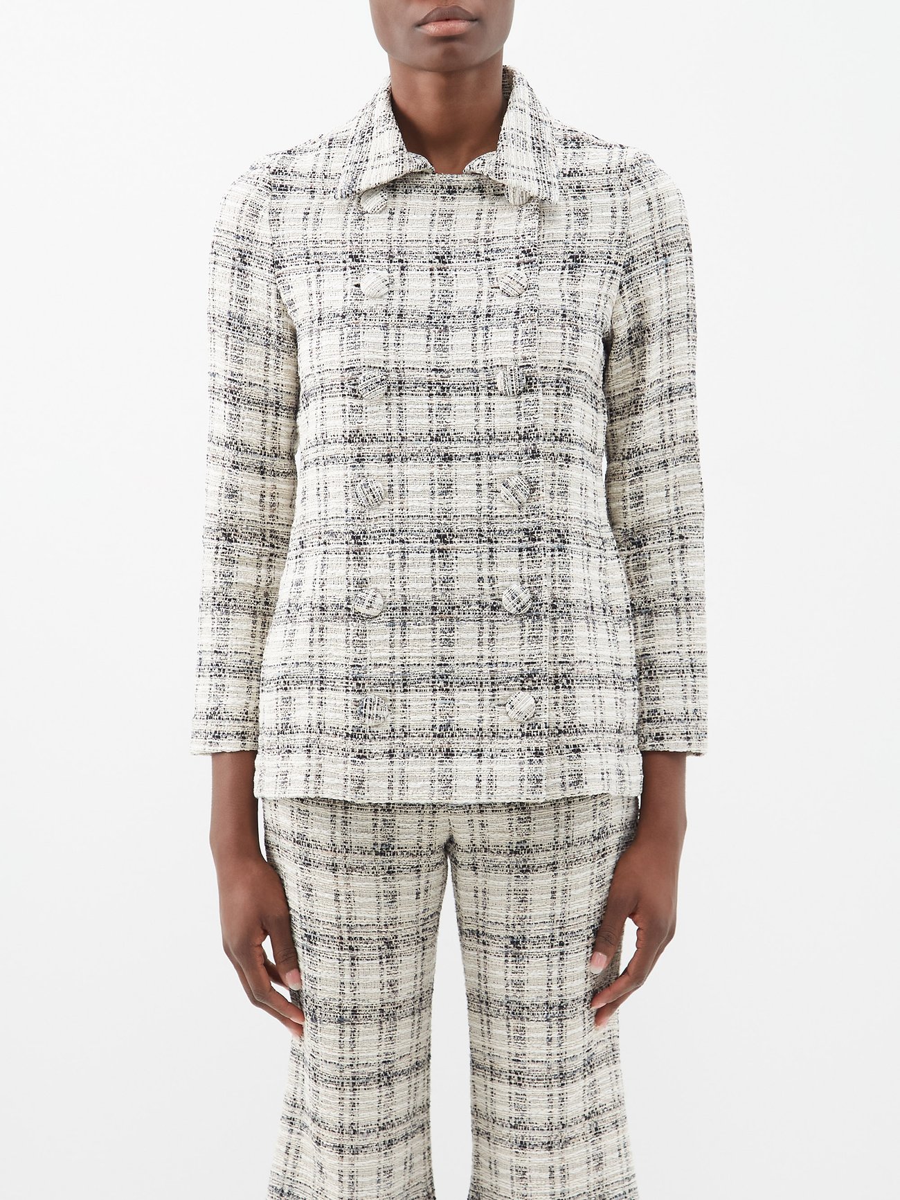White Double-breasted cotton-blend tweed suit jacket