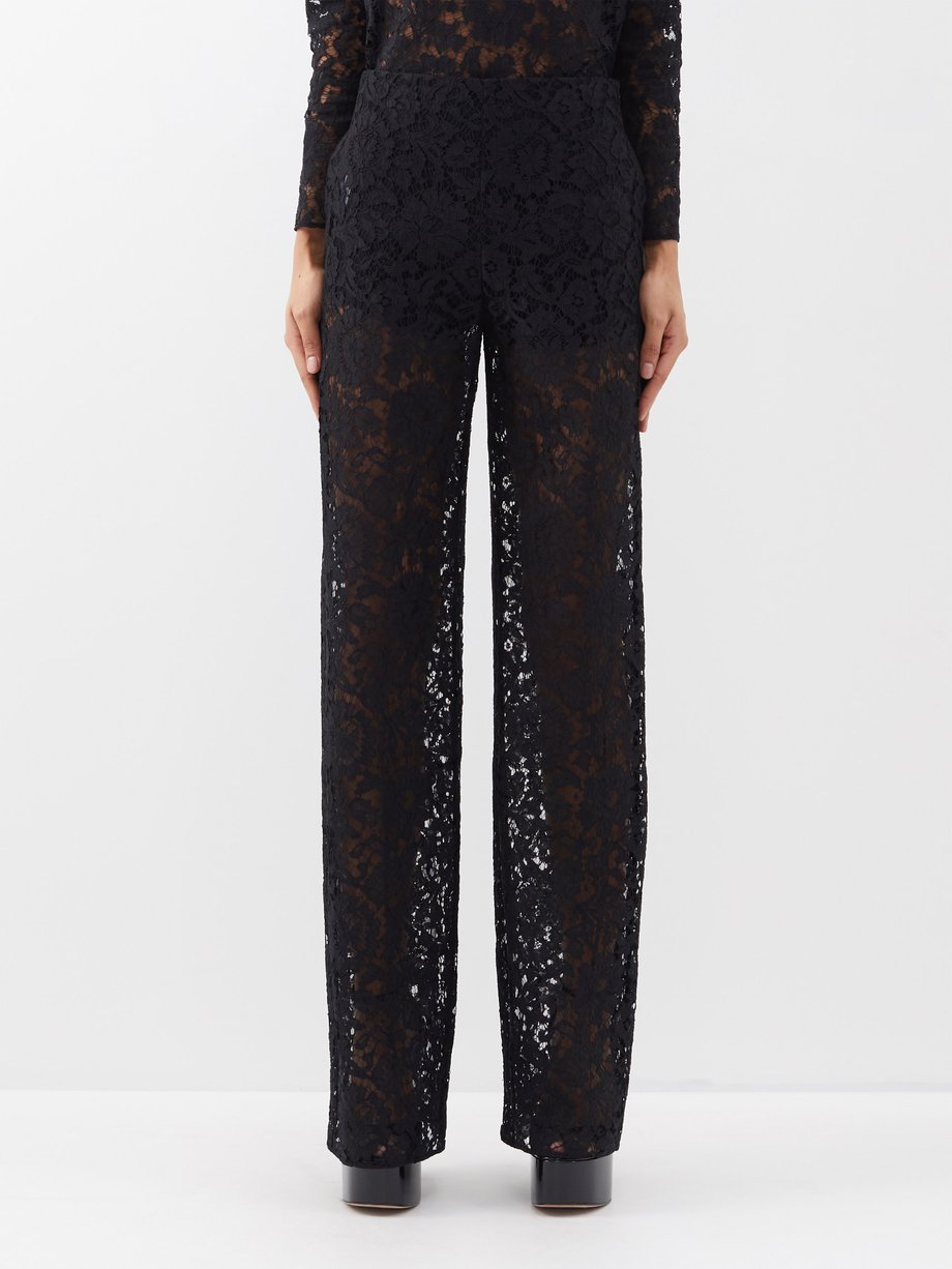 Black Floral-embroidered lace wide-leg trousers, Valentino Garavani