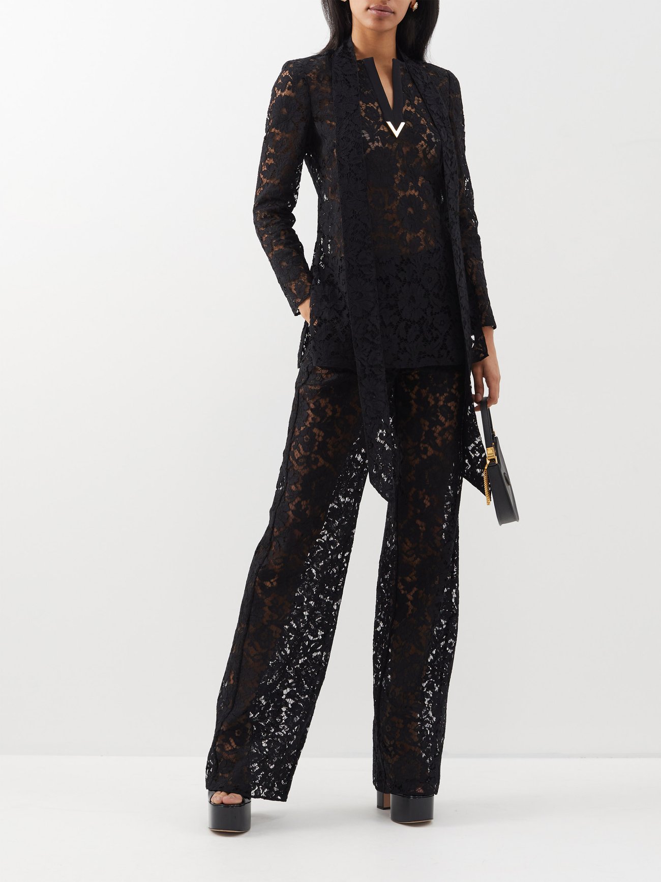 Wide-leg floral lace pants in black - Valentino