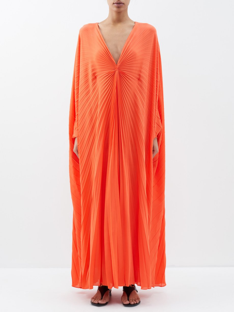Orange V-neck plissé silk gown | Valentino Garavani | MATCHES UK