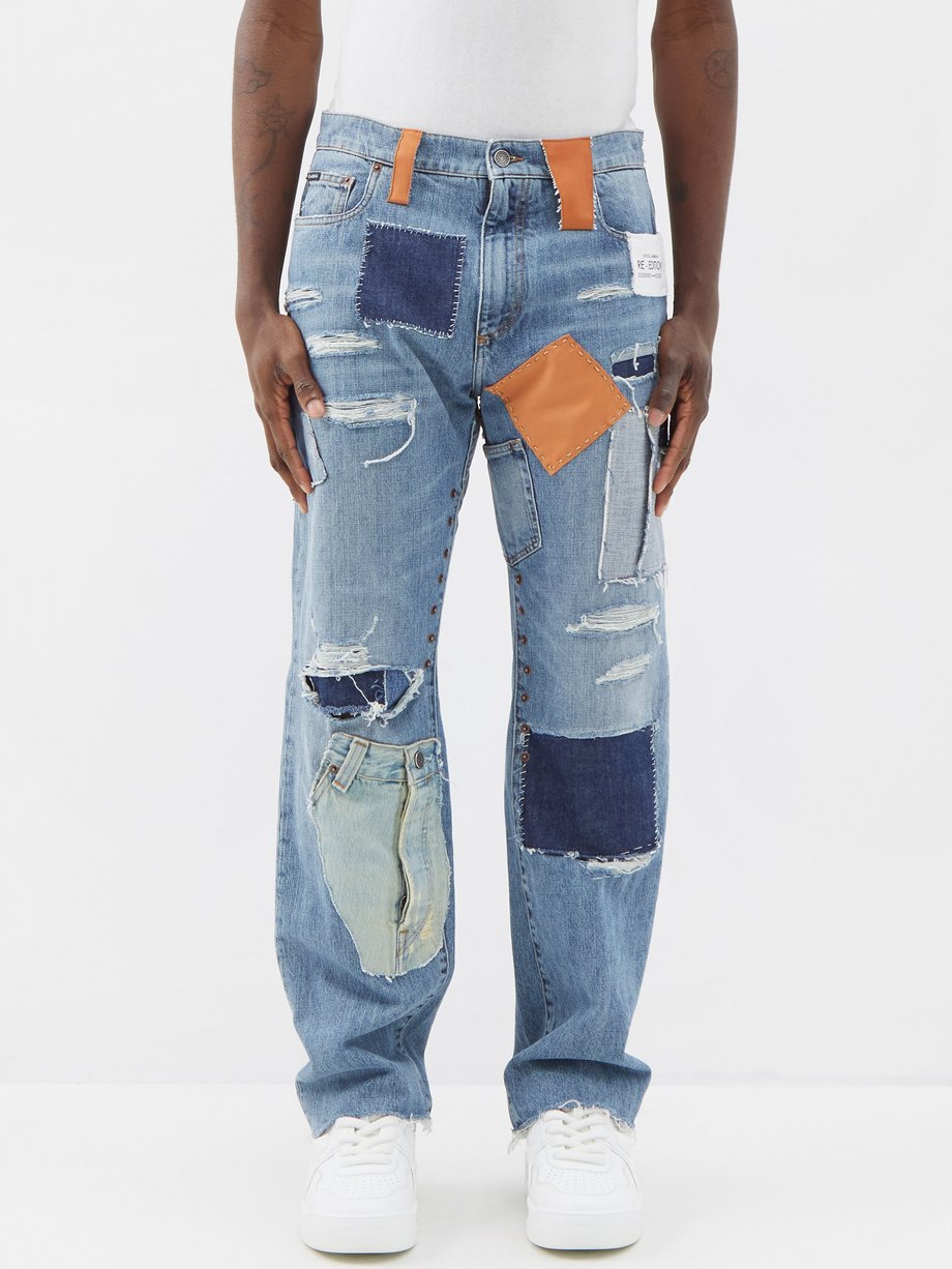 Straight Leg Denim Patchwork Jeans