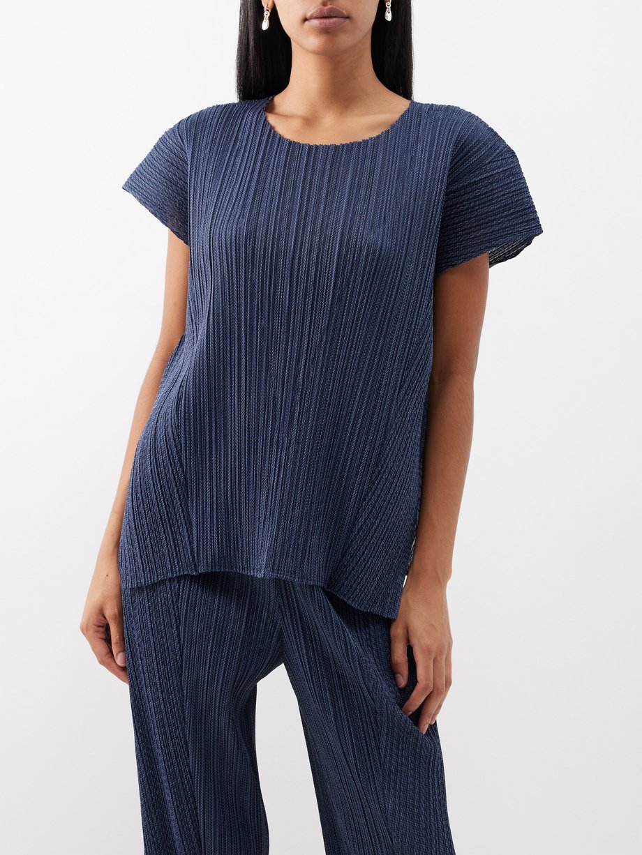 Round-neck cotton-blend technical-pleated top video